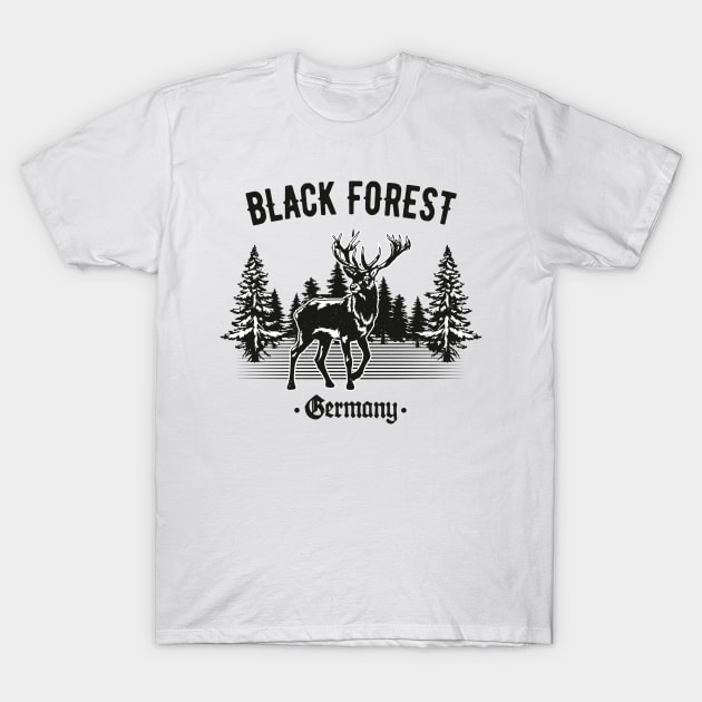 Black Forest Germany Deer with Trees T-Shirt by Foxxy Merch